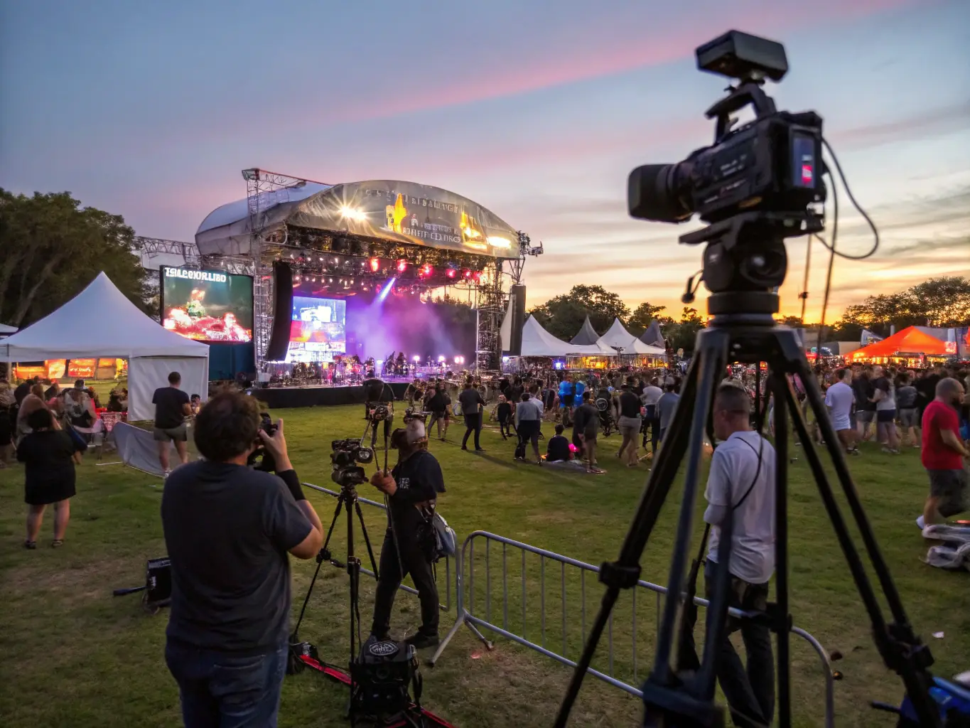 A photograph capturing a lively outdoor music festival organized by COMITE DE LOISIRS GEDHIF, featuring diverse attendees of all ages enjoying the performance, with food stalls and art displays in the background.