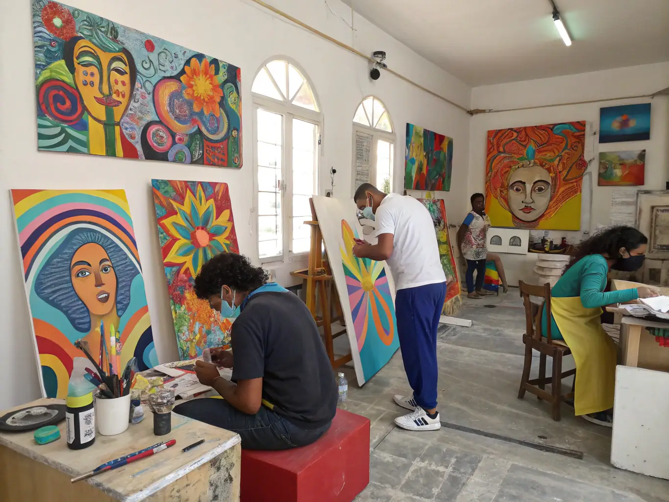 An image depicting a group of participants actively engaged in an art workshop, learning new skills and expressing their creativity under the guidance of an instructor.