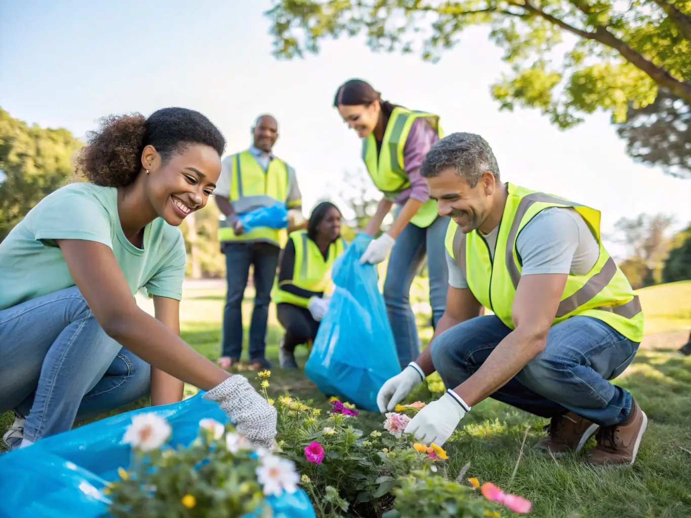 A photograph showing a group of volunteers working together on a community project, such as gardening or cleaning up a local park, demonstrating teamwork and community spirit.
